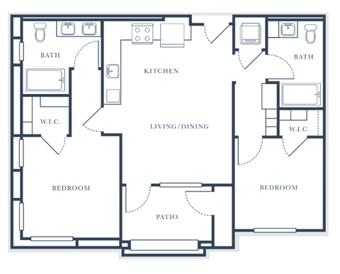 A floor plan of a house with two bedrooms, a living area, kitchen, and bathrooms.